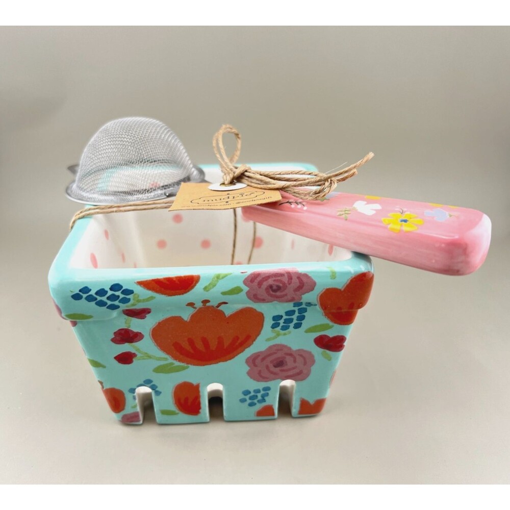 NWT Mud Pie Berry Basket & Strainer Gift Set Ceramic Colorful Floral Cottagecore